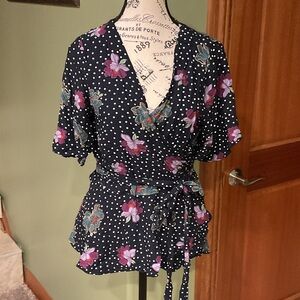 LOFT Polka Dot Floral Wrap Blouse - Black and Purple, Size L